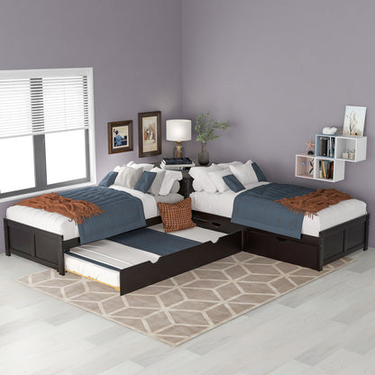 L Shaped Platform Bed With Trundle And Drawers Linked With Built In Desk - The Sleep Loft - Online Mattress Showroom NYC