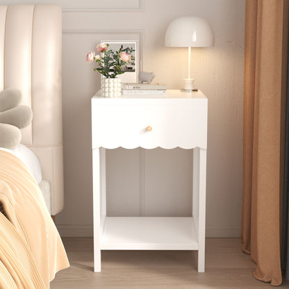 Nightstand With Drawer And Open Shelf, Scalloped Edge Bedside Table - The Sleep Loft - Online Mattress Showroom NYC