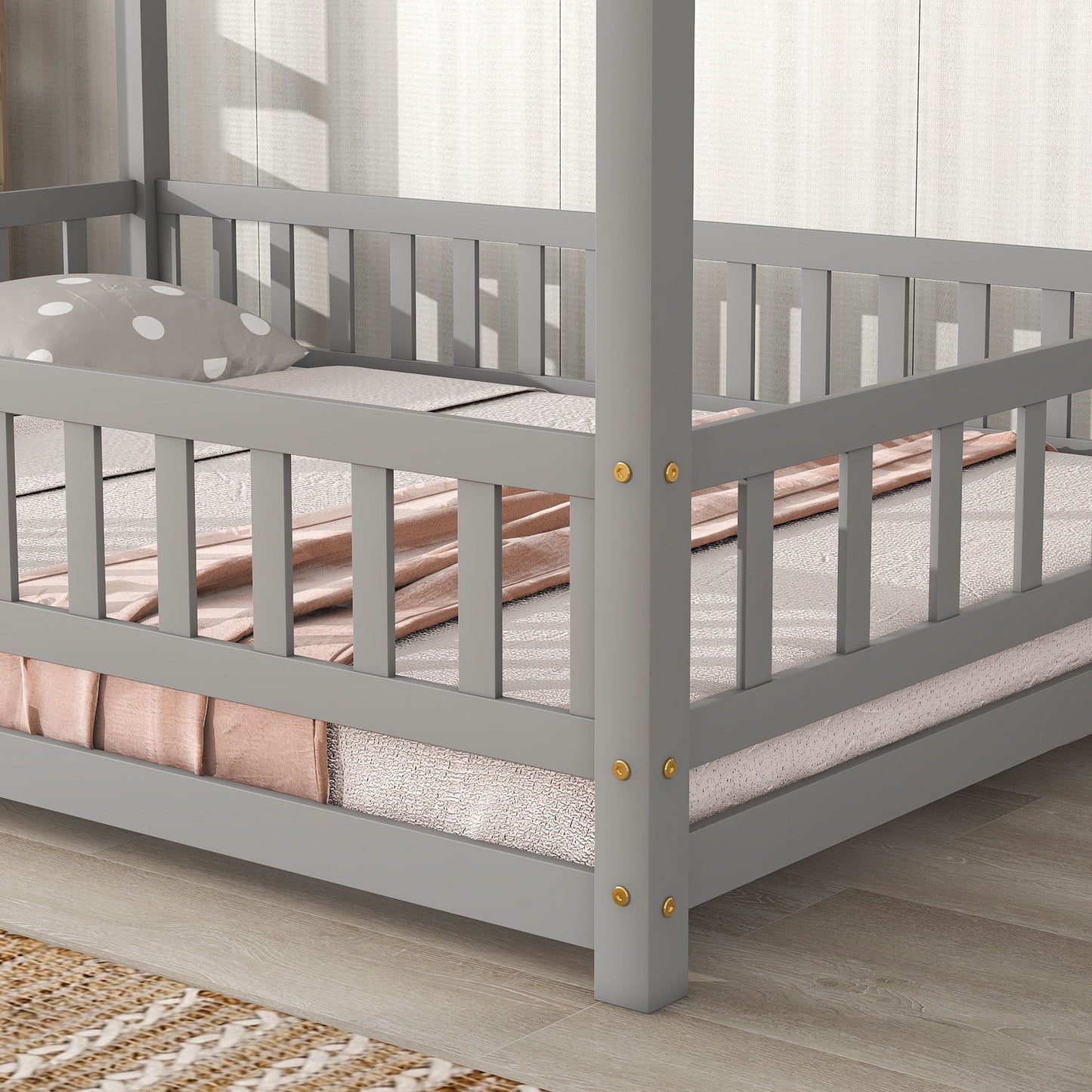 Floor Wooden Bed With House Roof Frame, Fence Guardrails - The Sleep Loft - Online Mattress Showroom NYC