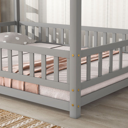 Floor Wooden Bed With House Roof Frame, Fence Guardrails - The Sleep Loft - Online Mattress Showroom NYC
