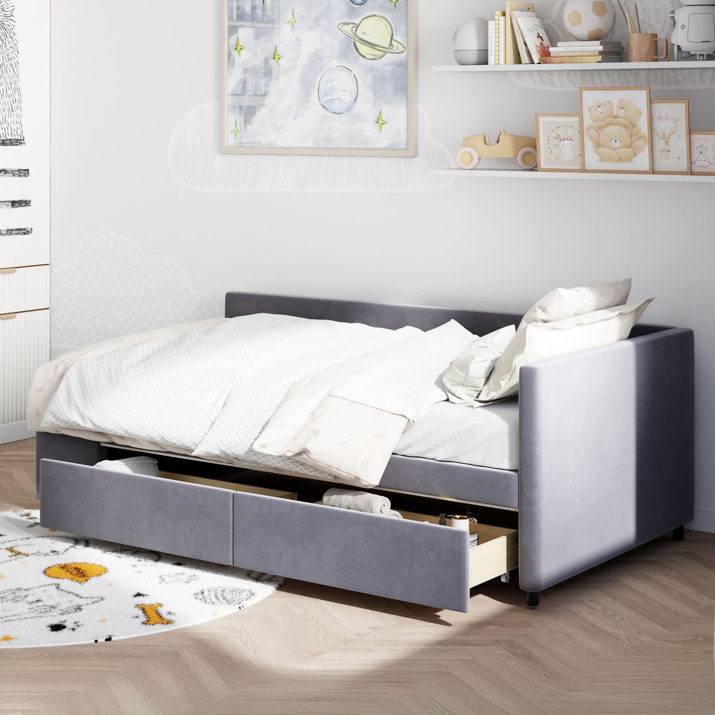 L Shaped Upholstered Platform Bed With Storage And Drawers - The Sleep Loft - Online Mattress Showroom NYC