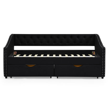 Upholstered Tufted Daybed With 2 Drawers, Waved Arms - The Sleep Loft - Online Mattress Showroom NYC