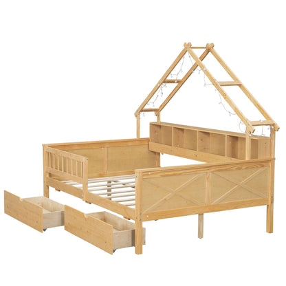 House Style Platform Bed With LED Lights, Storage Shelves, Drawers, And Guardrail - The Sleep Loft - Online Mattress Showroom NYC