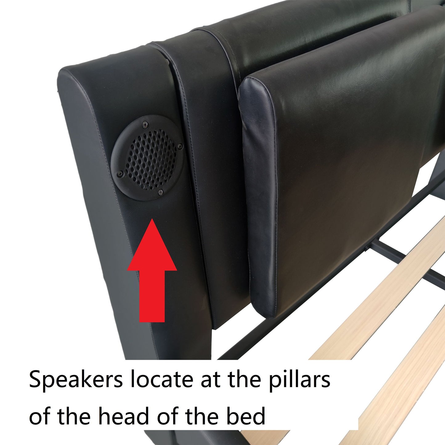 Upholstered Platform Bed Frame With LED Lighting, Bluetooth Connection To Play Music Control, Backrest Vibration Massage, Curve Design, Wood Slat Support, Exhibited Speakers - The Sleep Loft - Online Mattress Showroom NYC