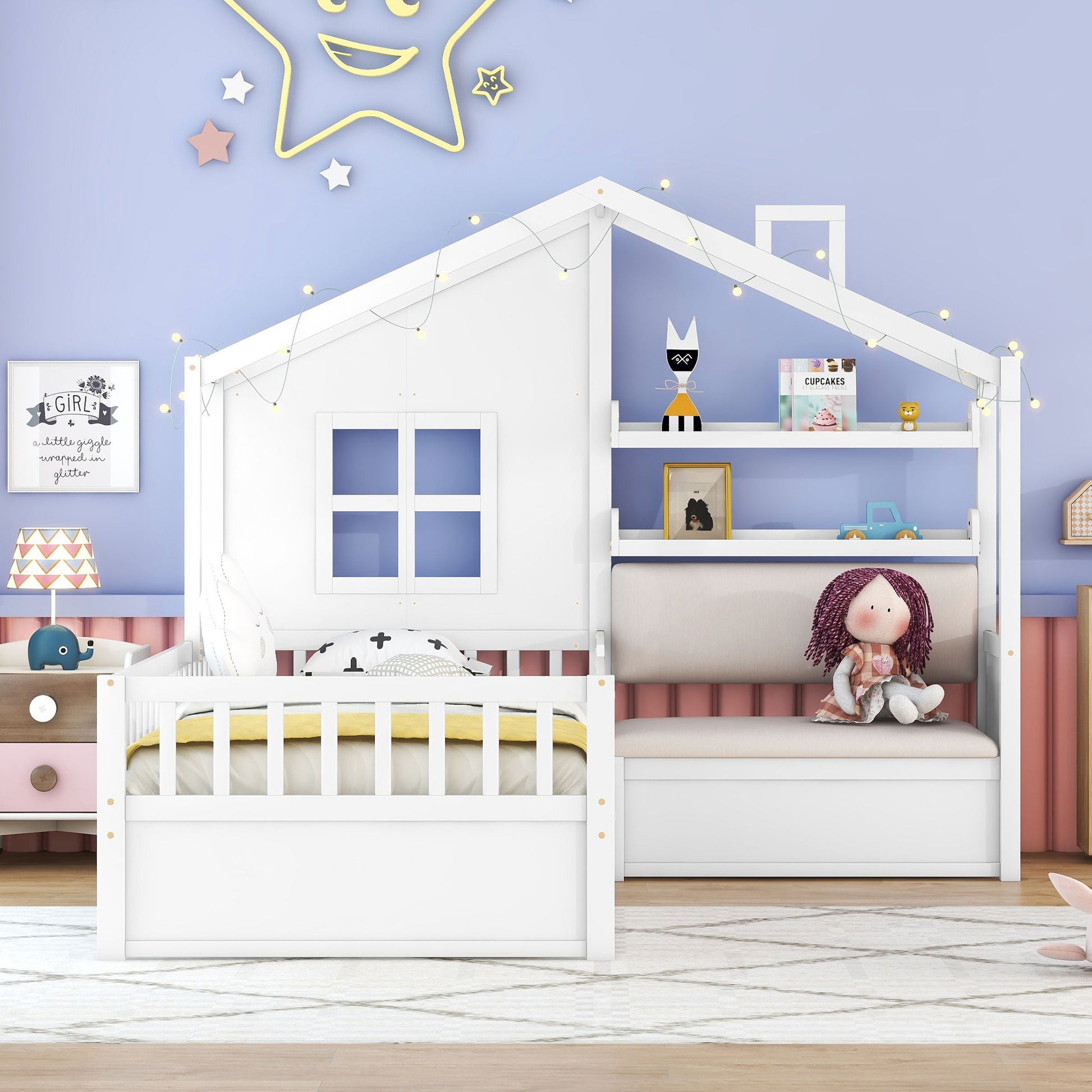 House Bed With Sofa, Kids Platform Bed With 2 Drawers And Storage Shelf - The Sleep Loft - Online Mattress Showroom NYC