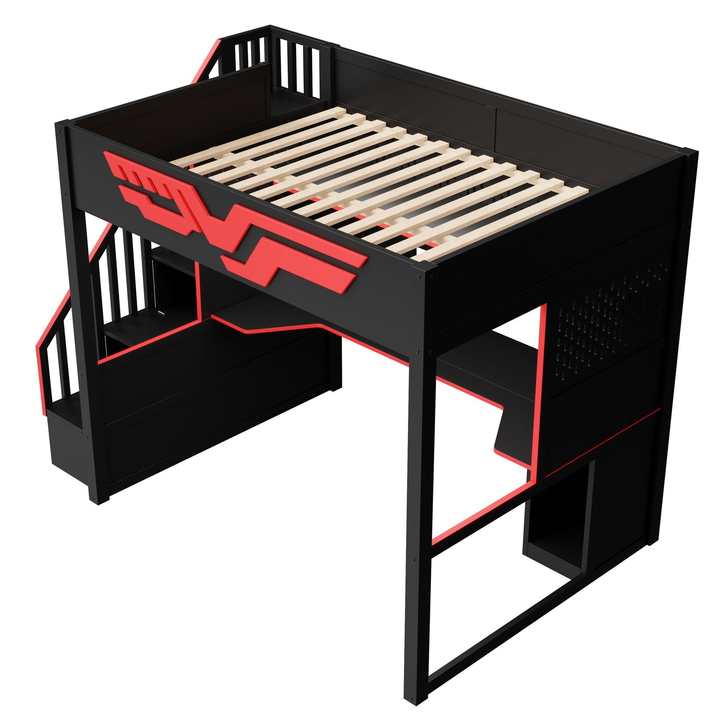 Full Gaming Loft Bed With Desk And Storage Staircase, LED Lights And USB - Red / Black - The Sleep Loft - Online Mattress Showroom NYC