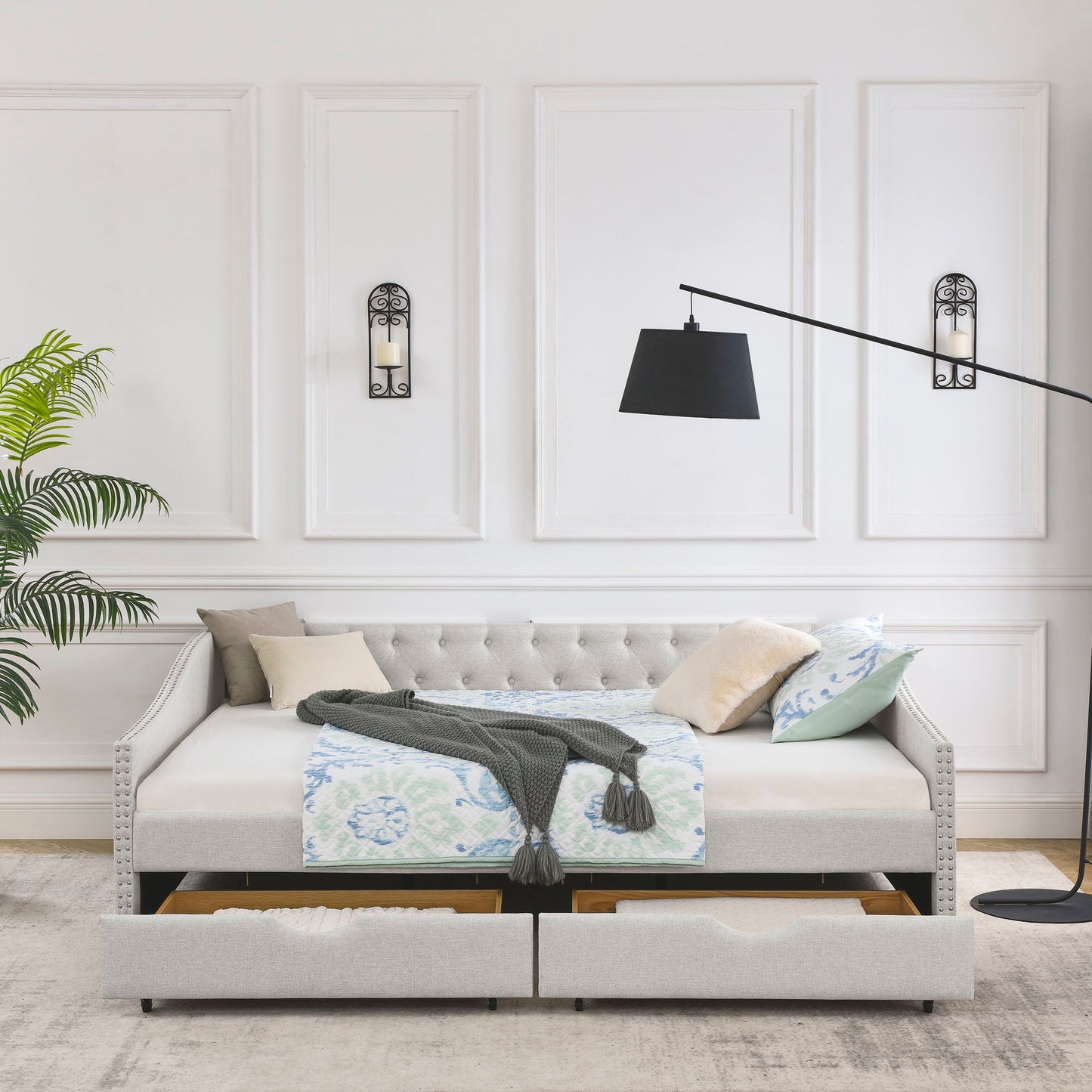 Upholstered Tufted Daybed With Drawers, Waved Arms - The Sleep Loft - Online Mattress Showroom NYC
