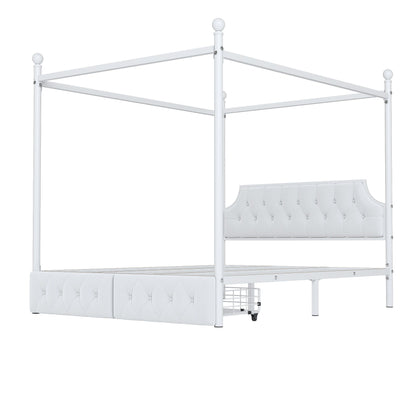 Queen Size Canopy Platform Bed With Upholstered Headboard And 2 Storage Drawers - White - The Sleep Loft - Online Mattress Showroom NYC