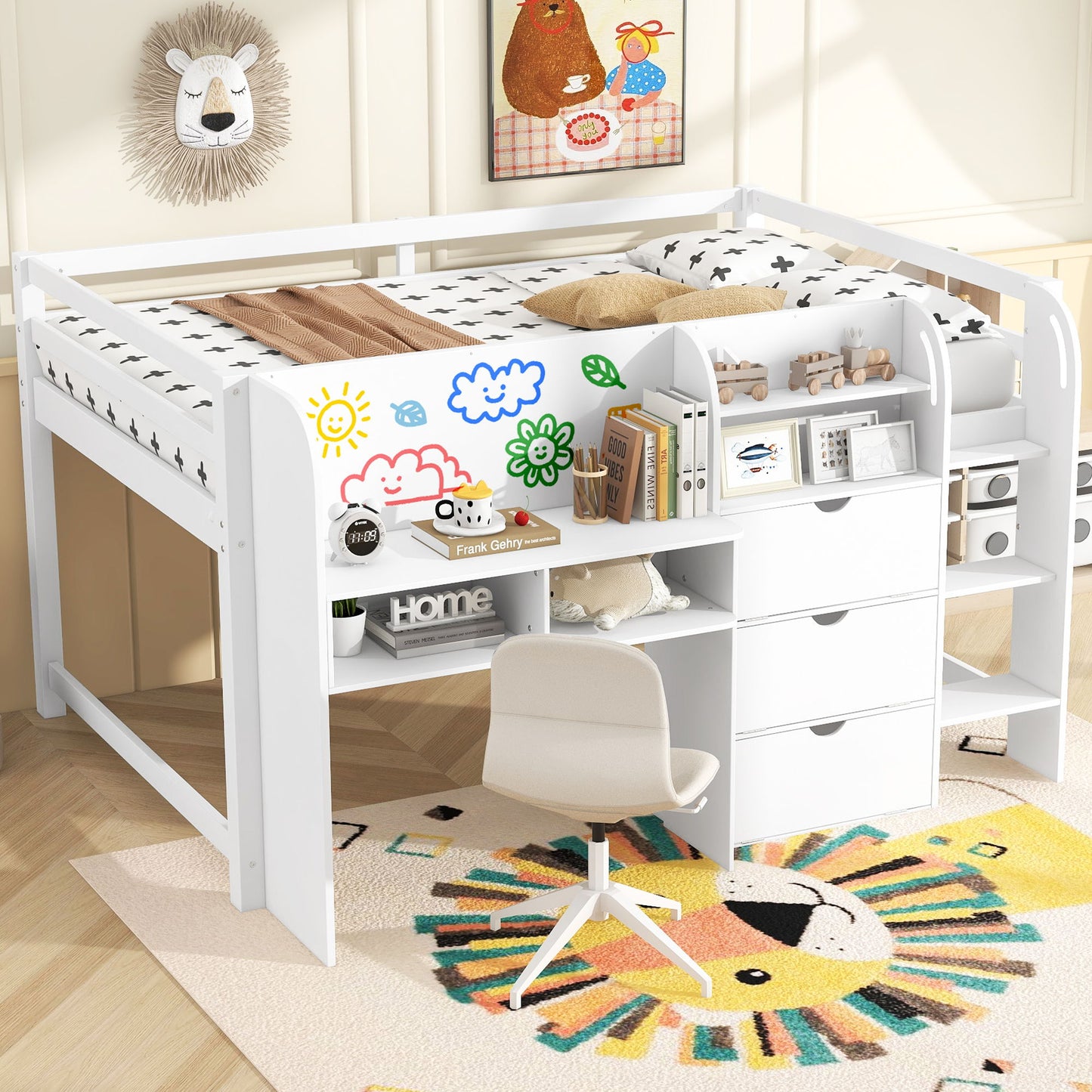 Low Loft Bed With Built In Desk, Storage Cabinets, Open Bookcase And Doodle board - The Sleep Loft - Online Mattress Showroom NYC