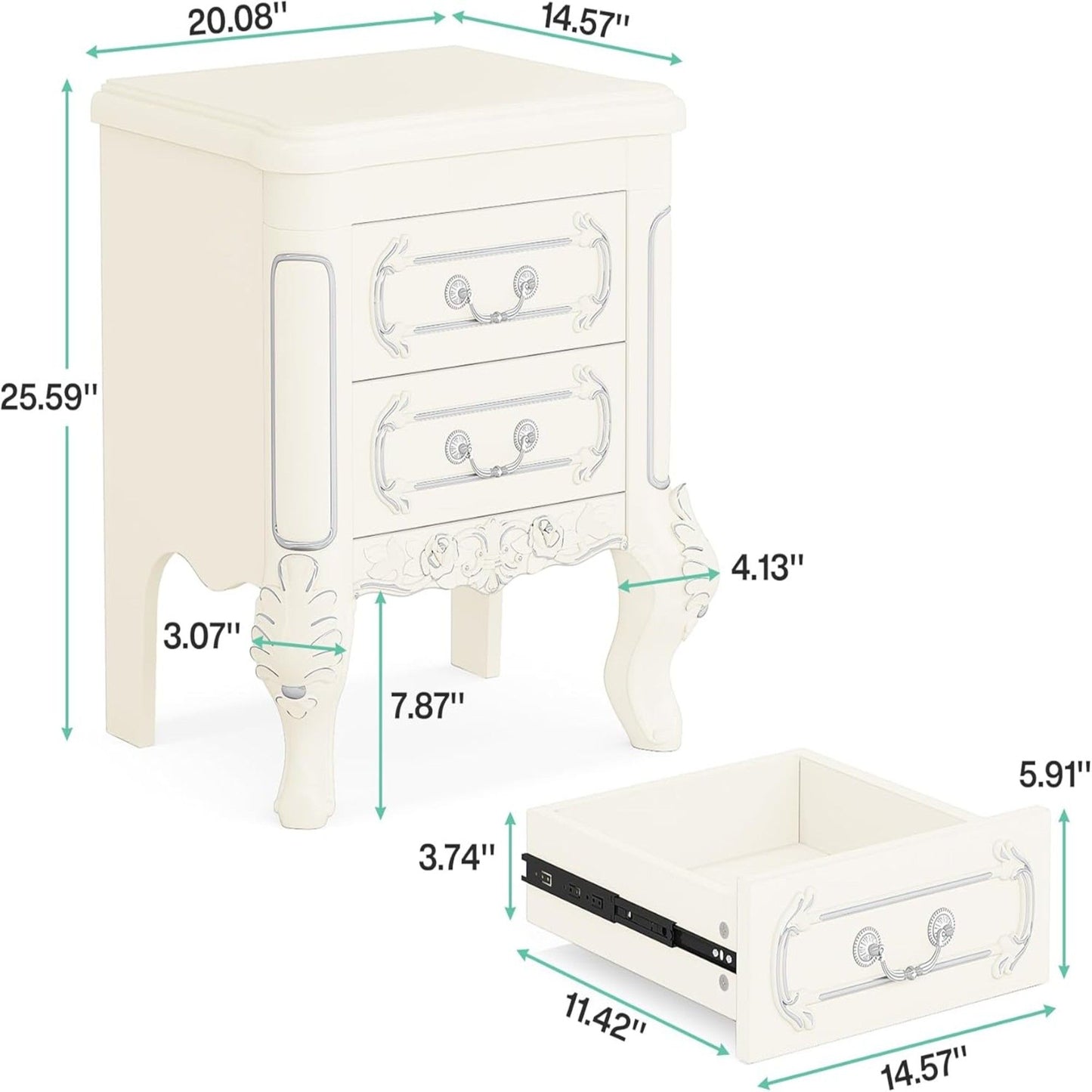 Carved Nightstand With 2 Drawers, Bedside Table - White