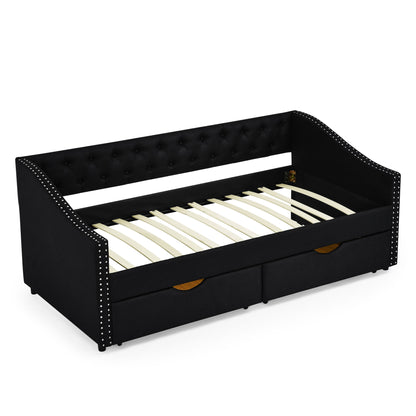 Upholstered Tufted Daybed With 2 Drawers, Waved Arms - The Sleep Loft - Online Mattress Showroom NYC