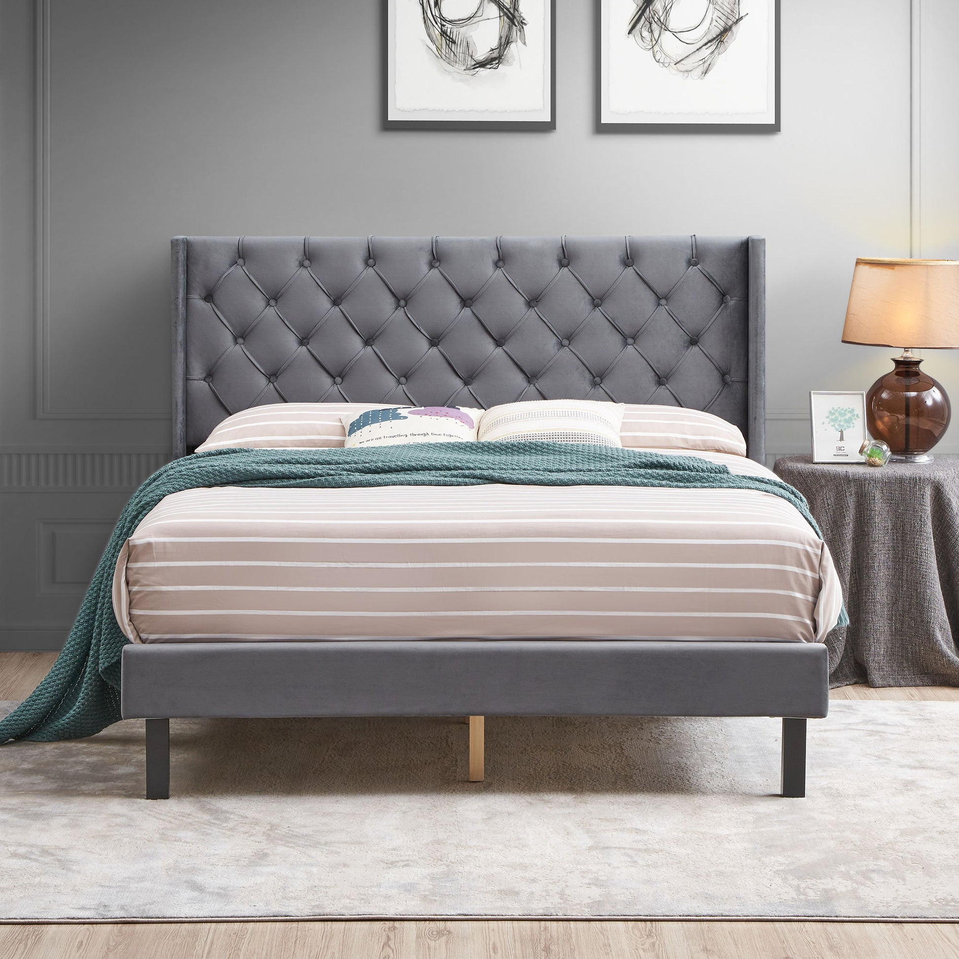 Velvet Button Tufted-Upholstered Bed With Wings Design Strong Wood Slat Support Queen Platform Bed - Gray - The Sleep Loft - Online Mattress Showroom NYC