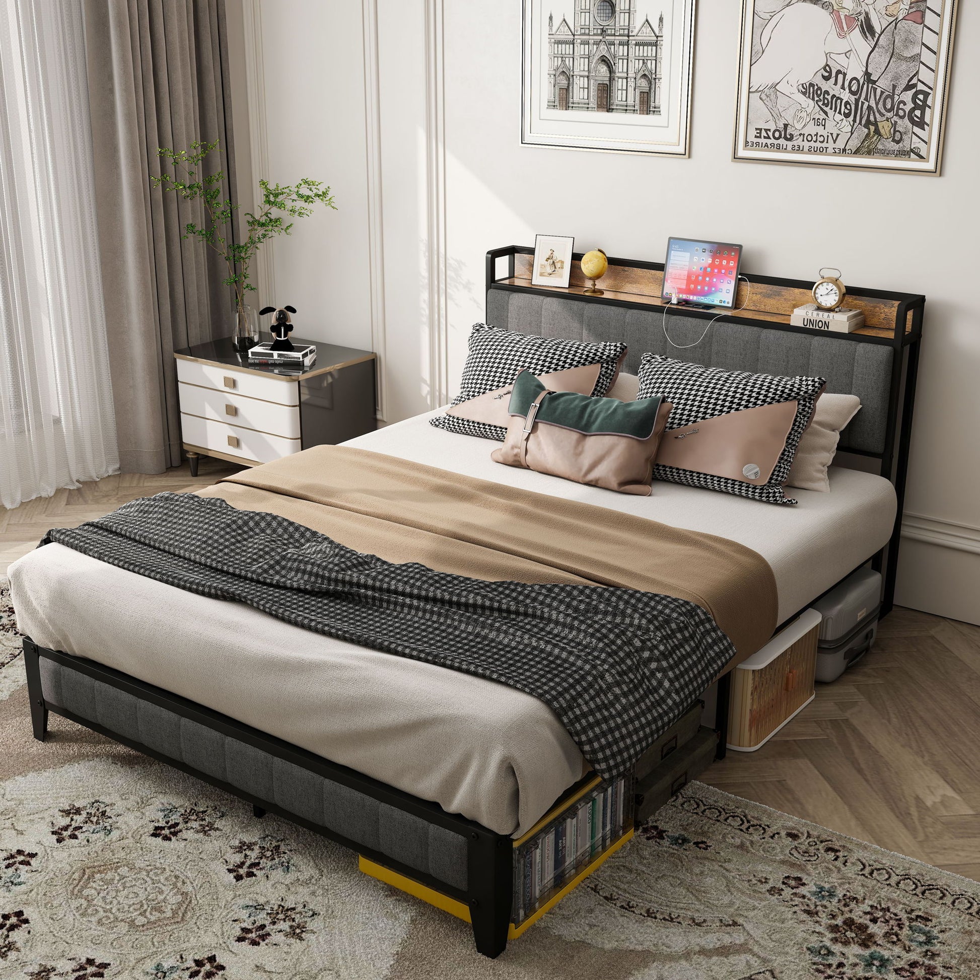 Bed With Charging Station, American Design Upholstered Headboard, Metal Platform - The Sleep Loft - Online Mattress Showroom NYC