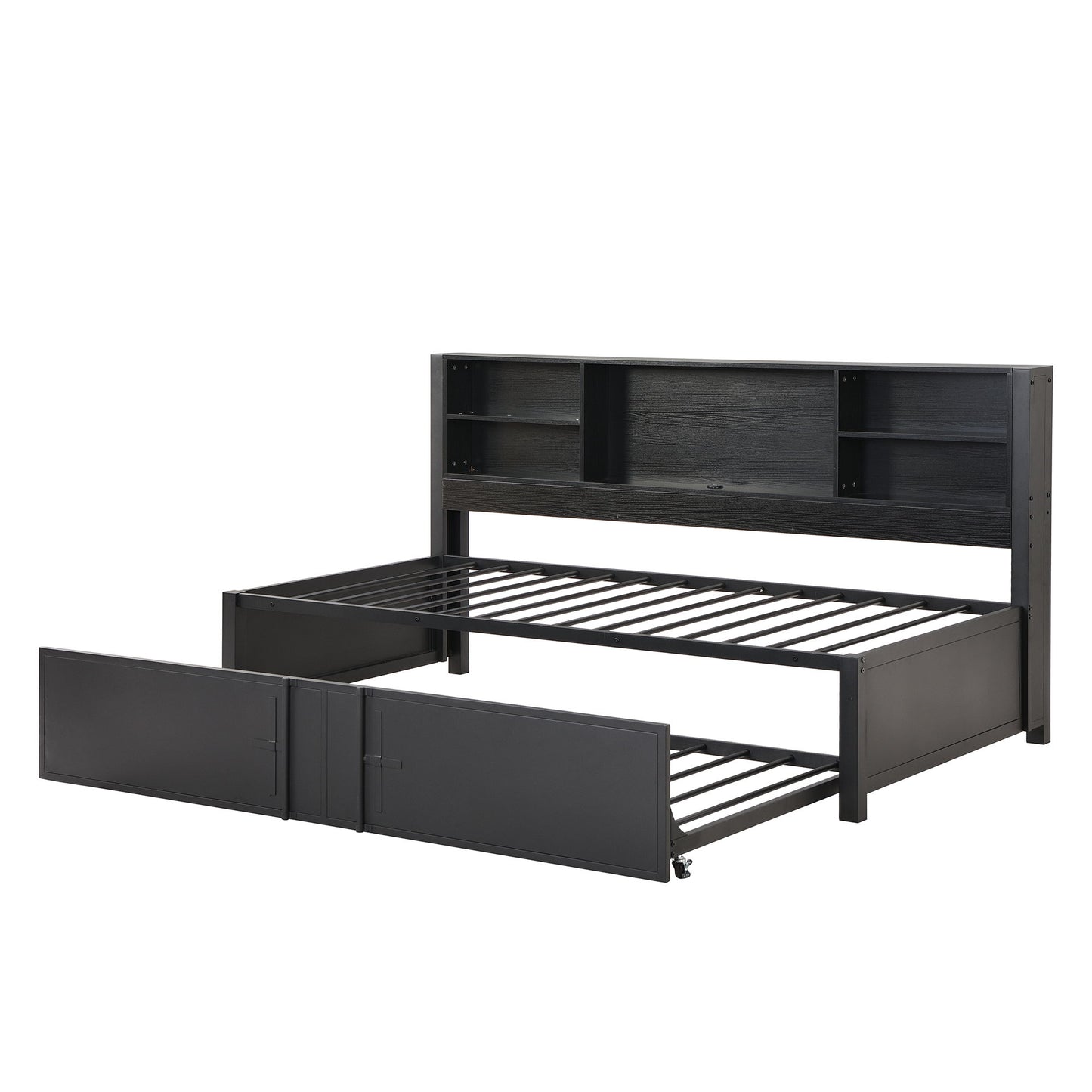 Industrial Metal Daybed With Trundle, Storage Shelves, USB Ports - The Sleep Loft - Online Mattress Showroom NYC