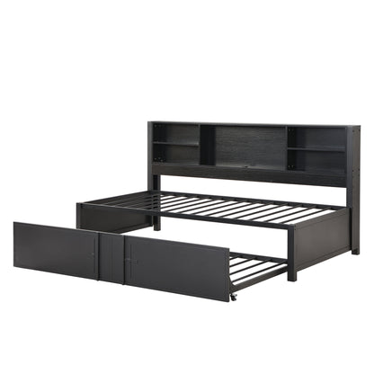 Industrial Metal Daybed With Trundle, Storage Shelves, USB Ports - The Sleep Loft - Online Mattress Showroom NYC