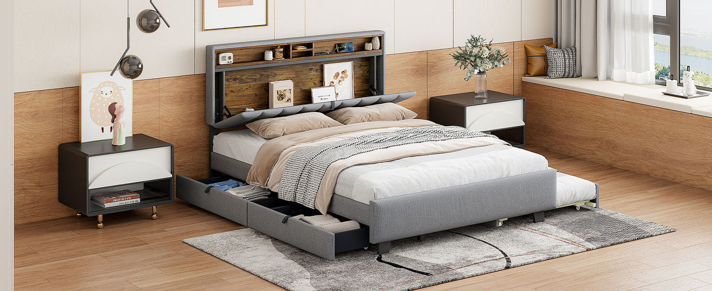 Upholstered Platform Bed With Storage Headboard, Trundle & 2 Drawers And A Set Of Sockets & USB Ports - The Sleep Loft - Online Mattress Showroom NYC