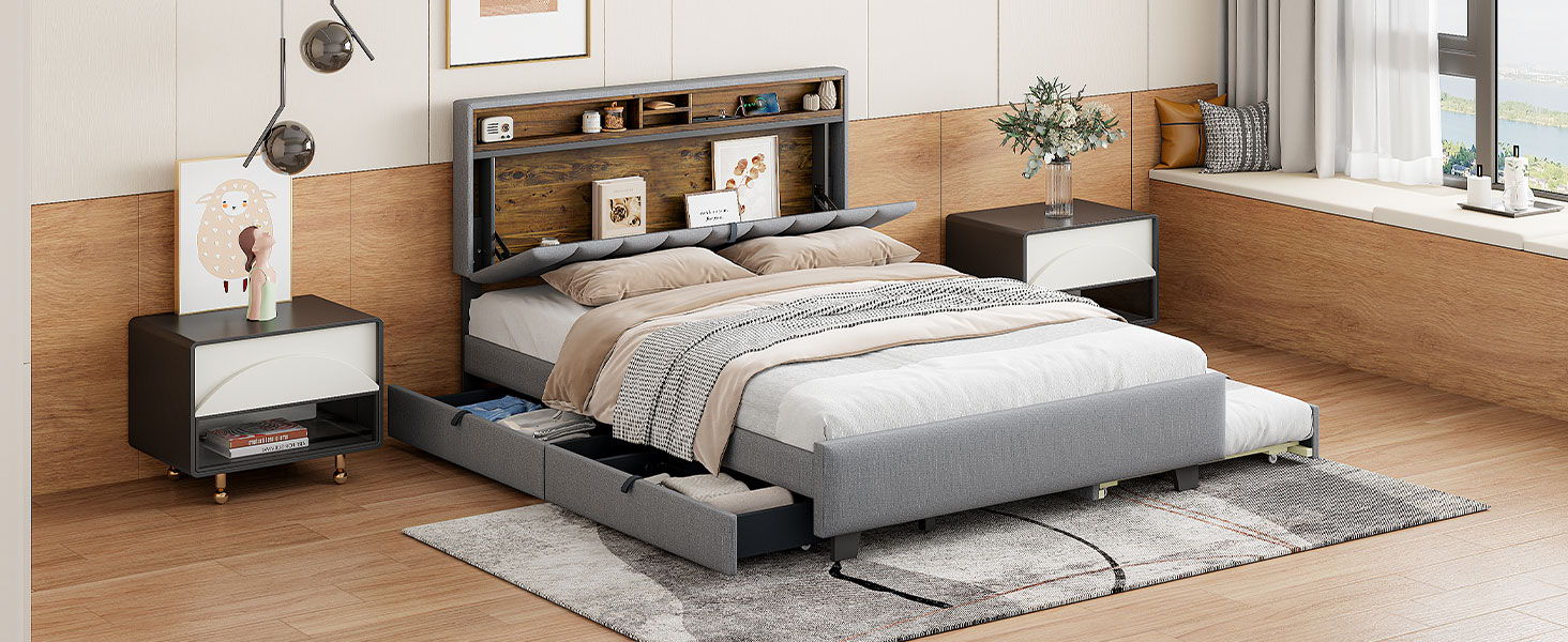 Upholstered Platform Bed With Storage Headboard, Trundle & 2 Drawers And A Set Of Sockets & USB Ports - The Sleep Loft - Online Mattress Showroom NYC