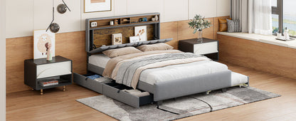 Upholstered Platform Bed With Storage Headboard, Trundle & 2 Drawers And A Set Of Sockets & USB Ports - The Sleep Loft - Online Mattress Showroom NYC