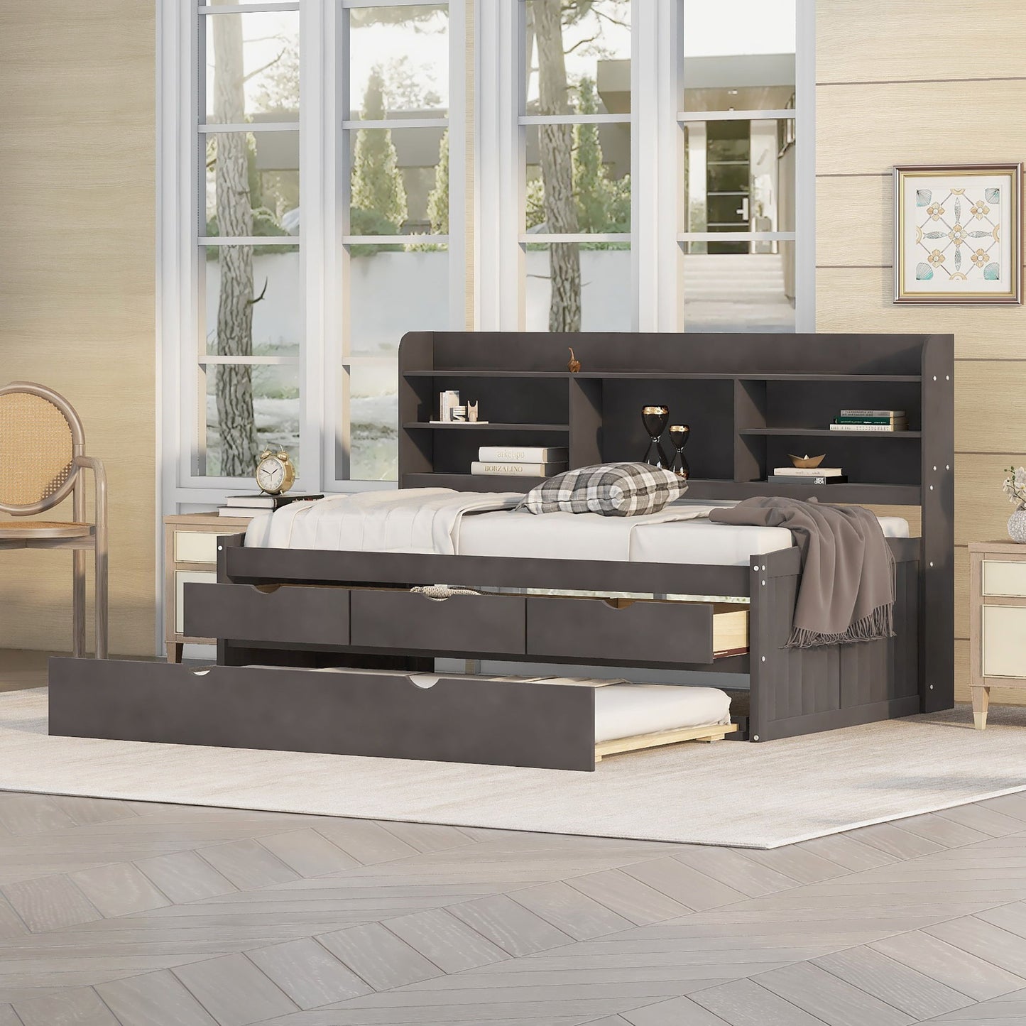 Captain Bed With Built In Bookshelves, 3 Storage Drawers, And Trundle - The Sleep Loft - Online Mattress Showroom NYC