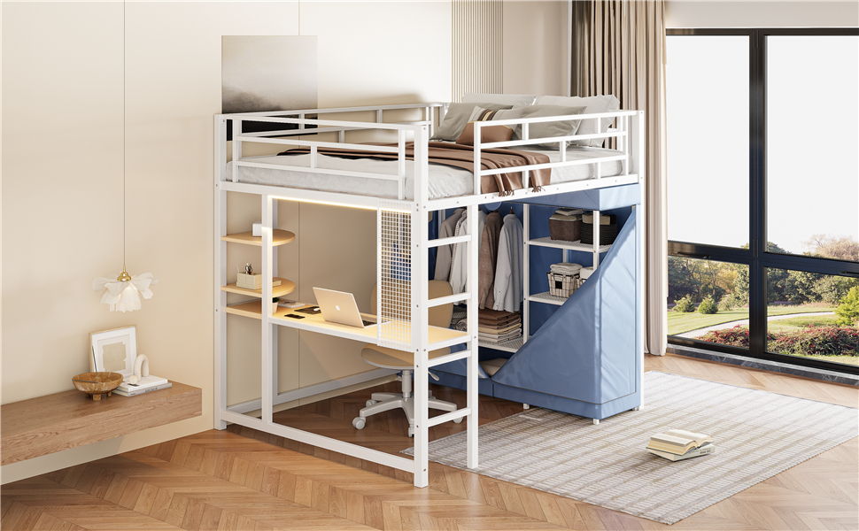 Loft Bed With Desk, Shelves, Power Outlet, LED Light And Wardrobe - The Sleep Loft - Online Mattress Showroom NYC