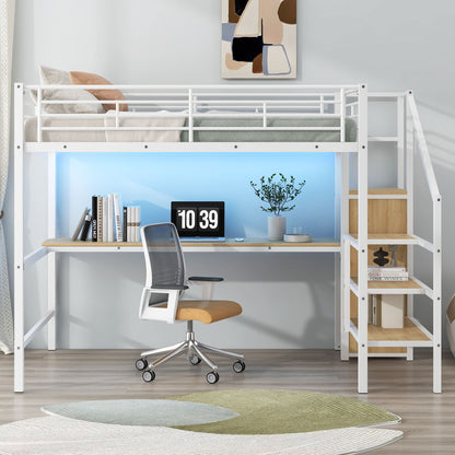Loft Bed With Desk, Storage Staircase, Small Wardrobe And LED Light - The Sleep Loft - Online Mattress Showroom NYC