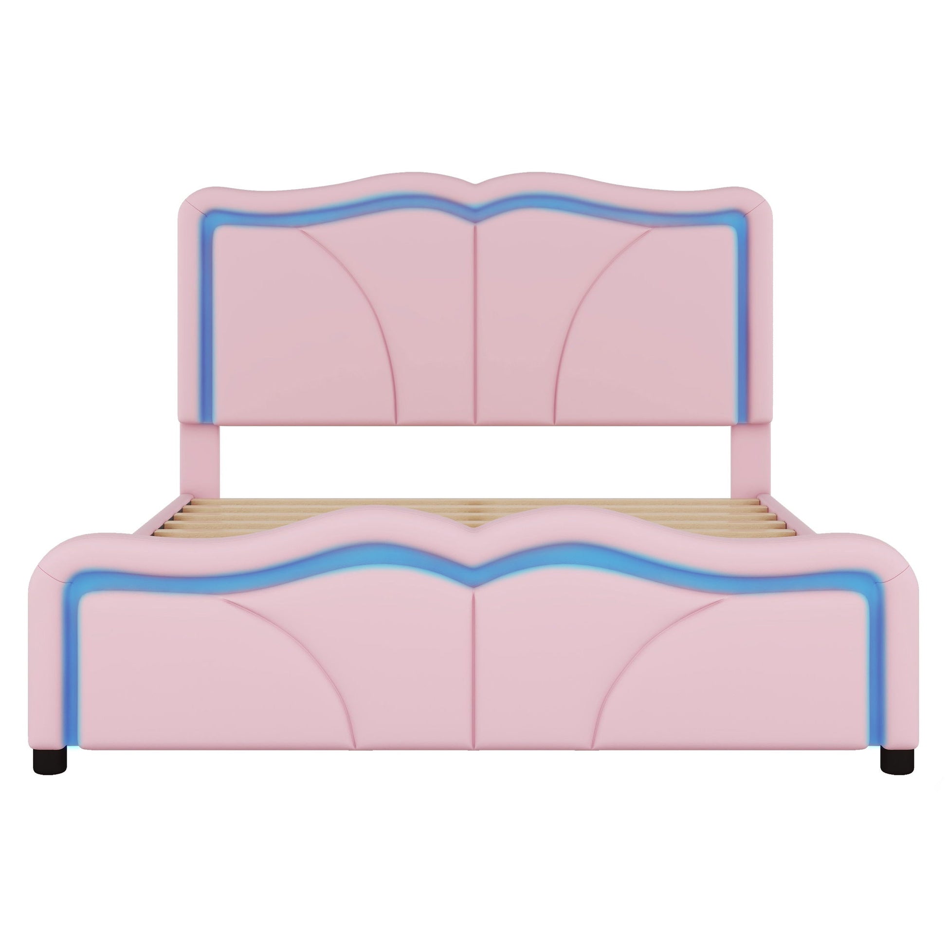 Upholstered Platform Bed & Curve Shaped And Height Adjustable Headboard, LED Light Strips - The Sleep Loft - Online Mattress Showroom NYC