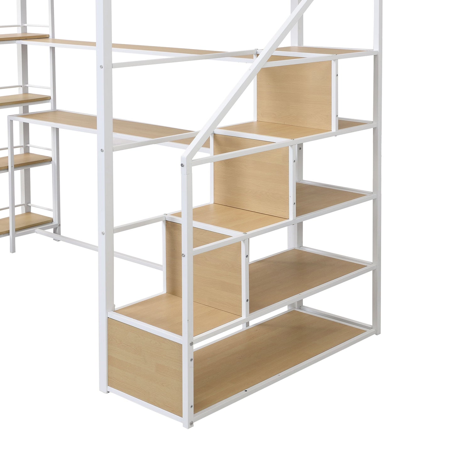 Twin Size Loft Bed With Built In Desk, Staircase Storage & 4 Tier Shelves - White - The Sleep Loft - Online Mattress Showroom NYC