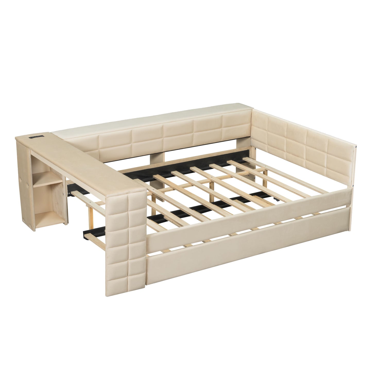 Upholstered Platform Bed With Storage Shelves, Desk, Charging Station And Trundle - The Sleep Loft - Online Mattress Showroom NYC
