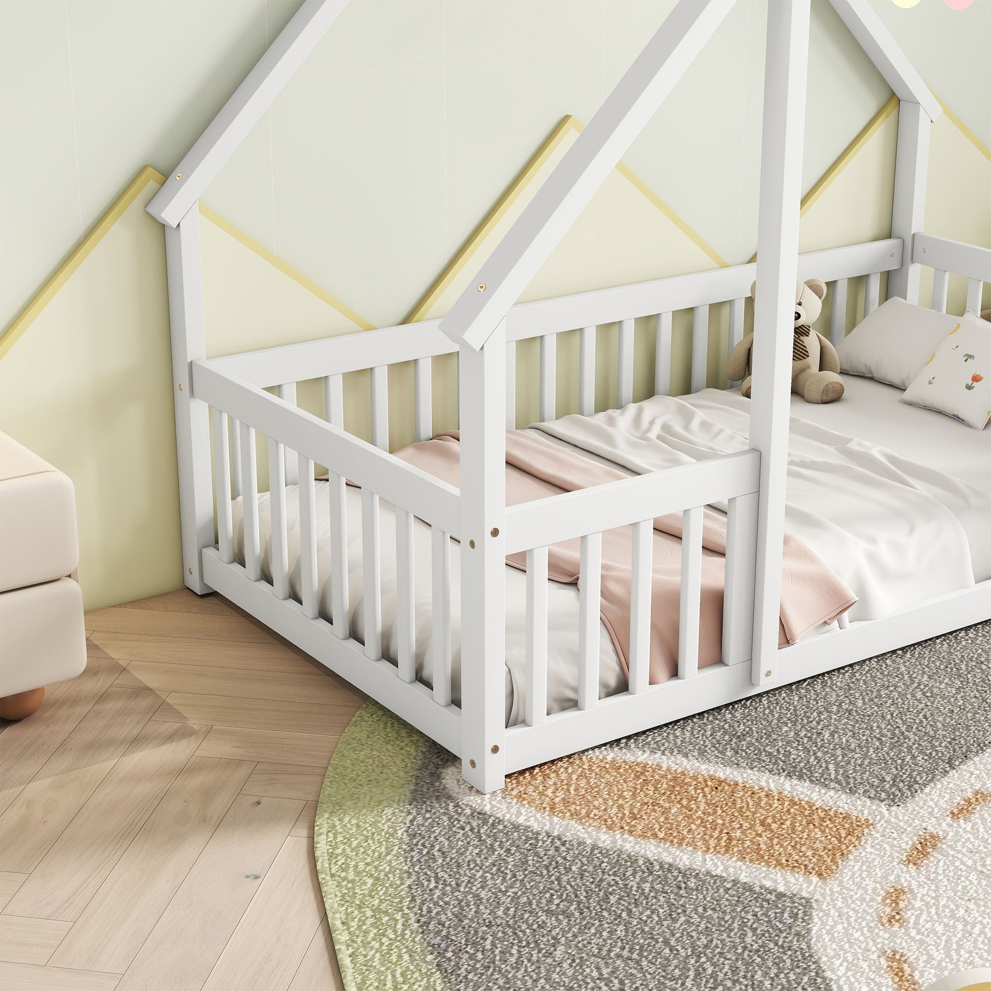 Wood House-Shaped Floor Bed With Fence, Guardrails - The Sleep Loft - Online Mattress Showroom NYC