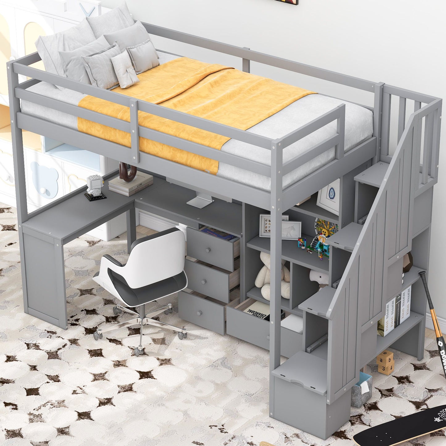 Loft Bed With L Shaped Desk, Drawers, Cabinet, And Storage Staircase - The Sleep Loft - Online Mattress Showroom NYC