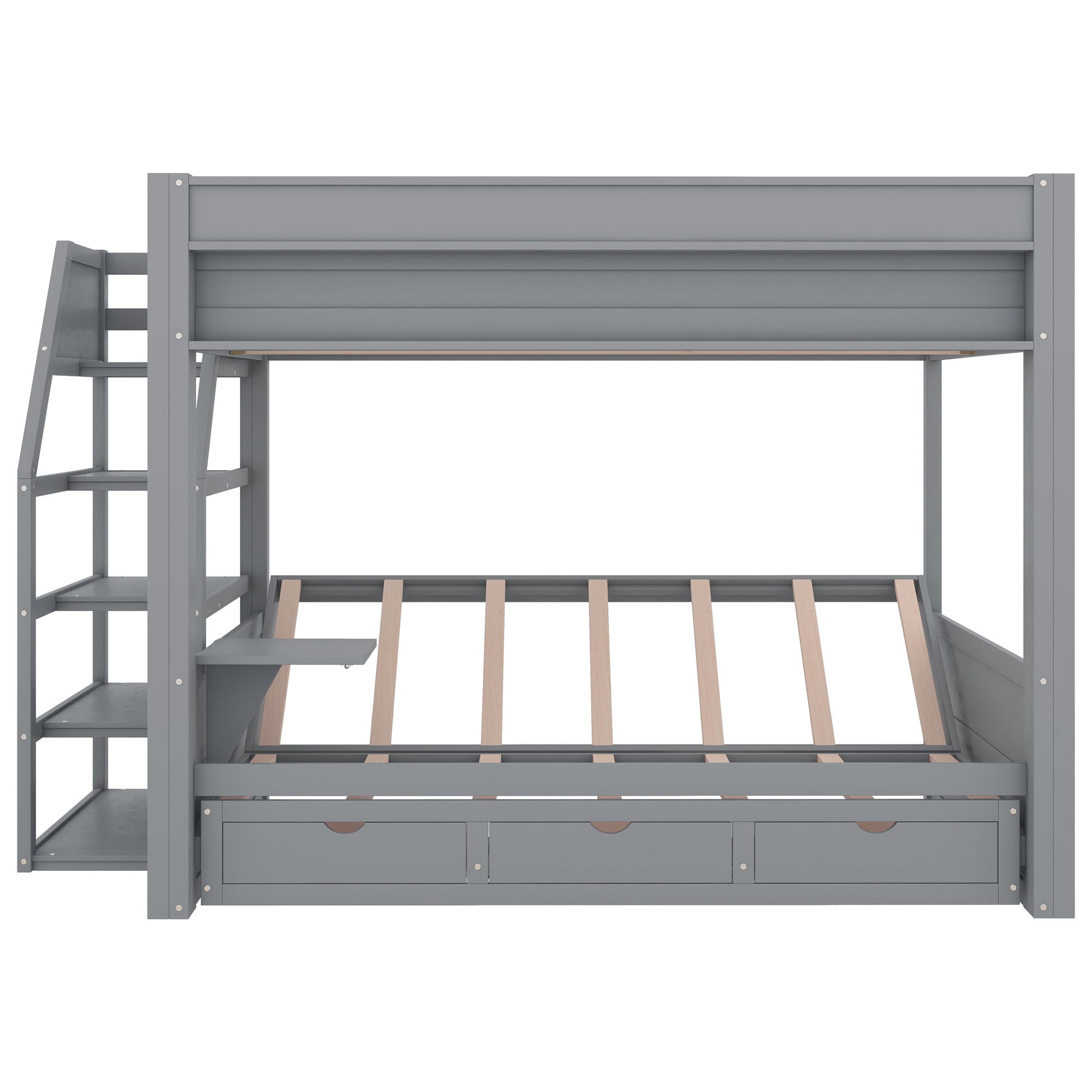 Wood Full Size Convertible Bunk Bed With Storage Staircase, Bedside Table, And 3 Drawers - Gray - The Sleep Loft - Online Mattress Showroom NYC