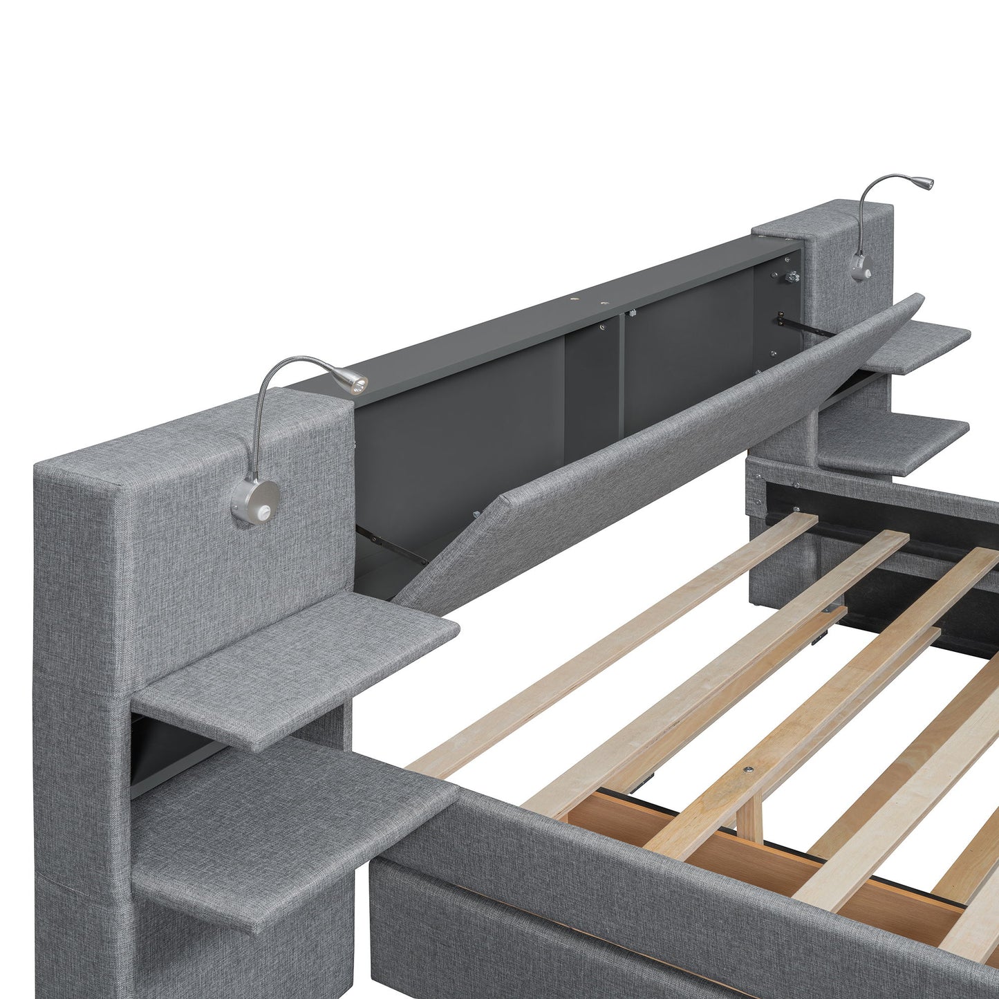 Upholstered Platform Bed With Reading Lights, Drawers, Trundle And Shelves - The Sleep Loft - Online Mattress Showroom NYC