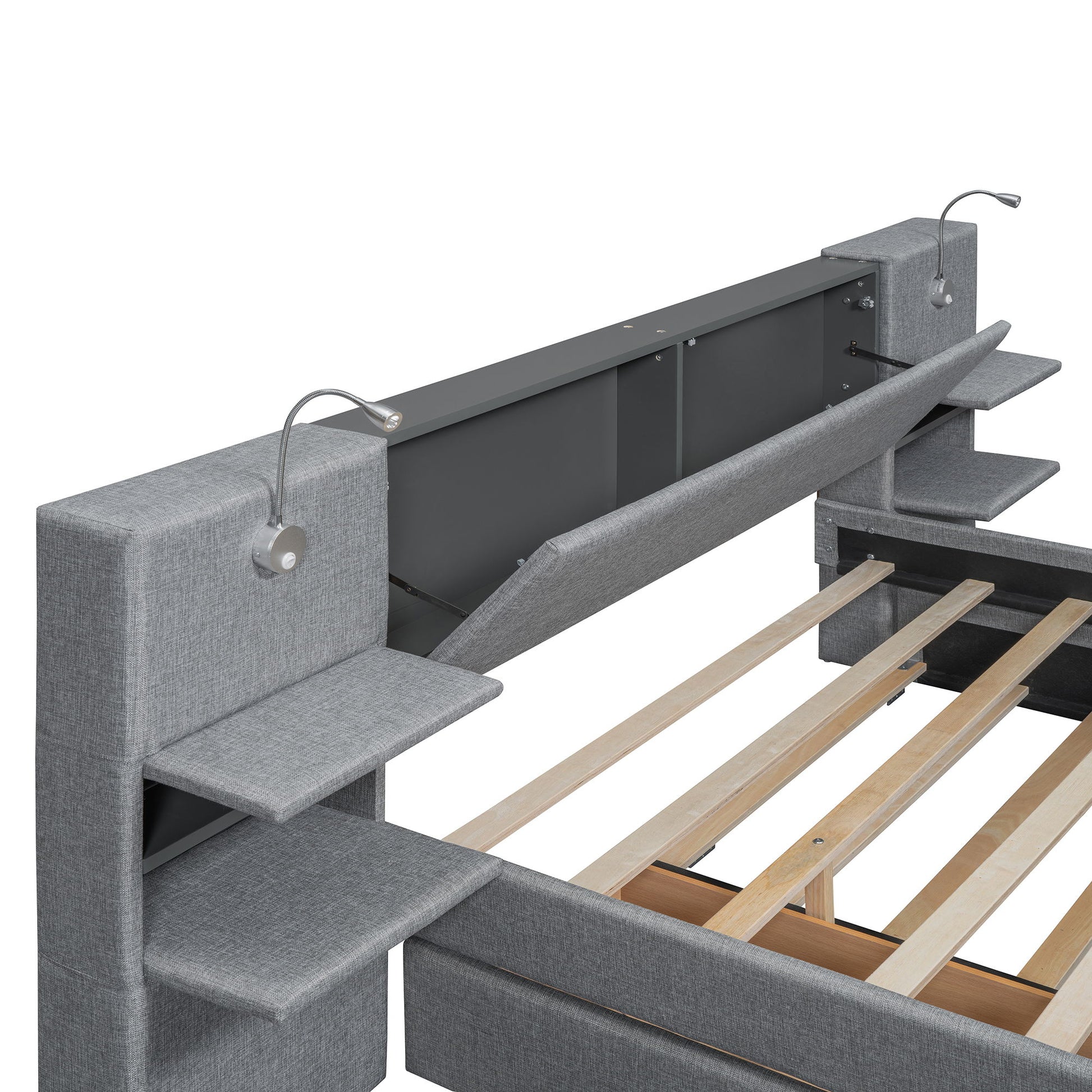 Upholstered Platform Bed With Reading Lights, Drawers, Trundle And Shelves - The Sleep Loft - Online Mattress Showroom NYC