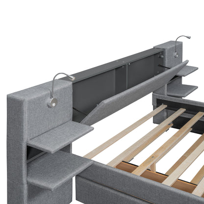 Upholstered Platform Bed With Reading Lights, Drawers, Trundle And Shelves - The Sleep Loft - Online Mattress Showroom NYC