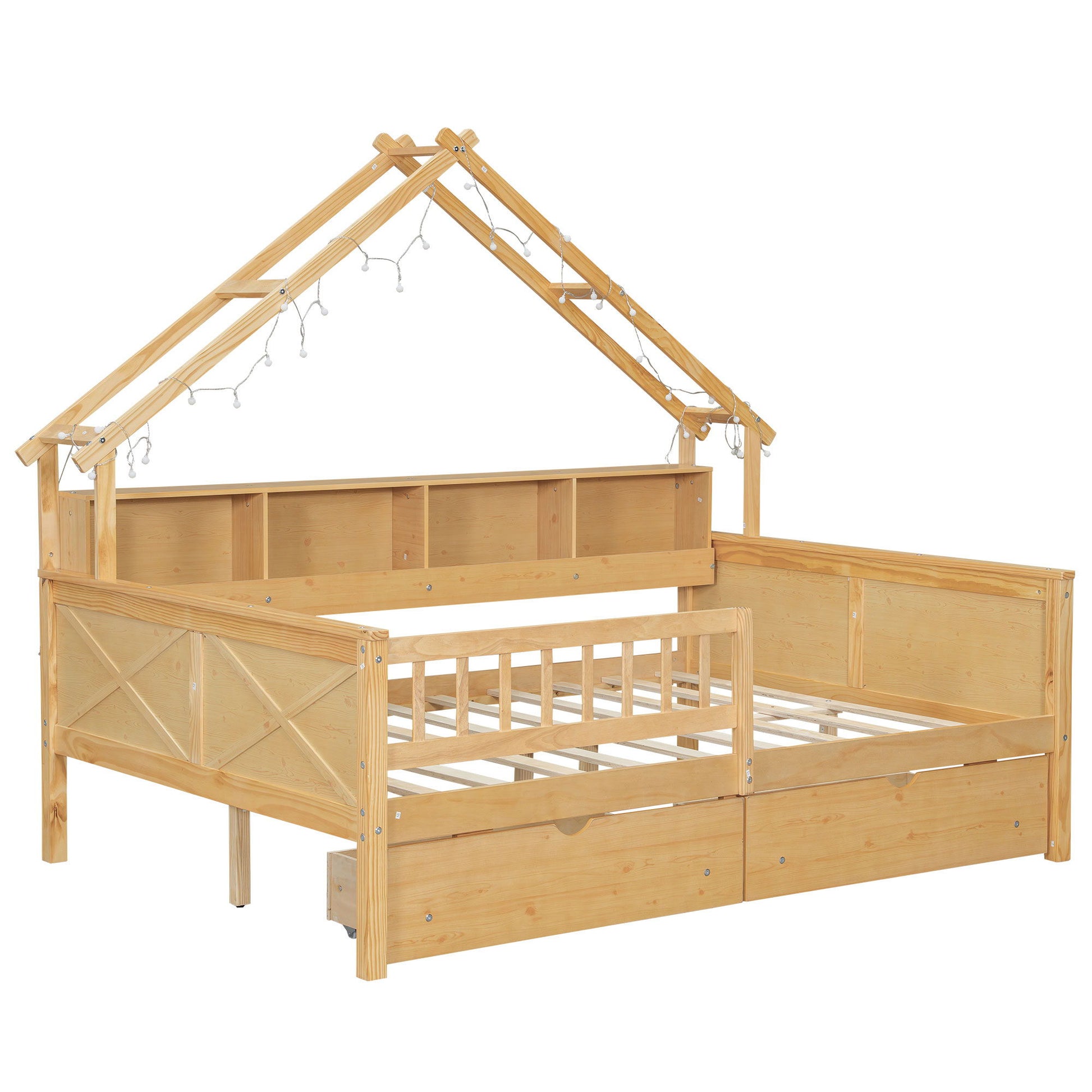 House Style Platform Bed With LED Lights, Storage Shelves, Drawers, And Guardrail - The Sleep Loft - Online Mattress Showroom NYC