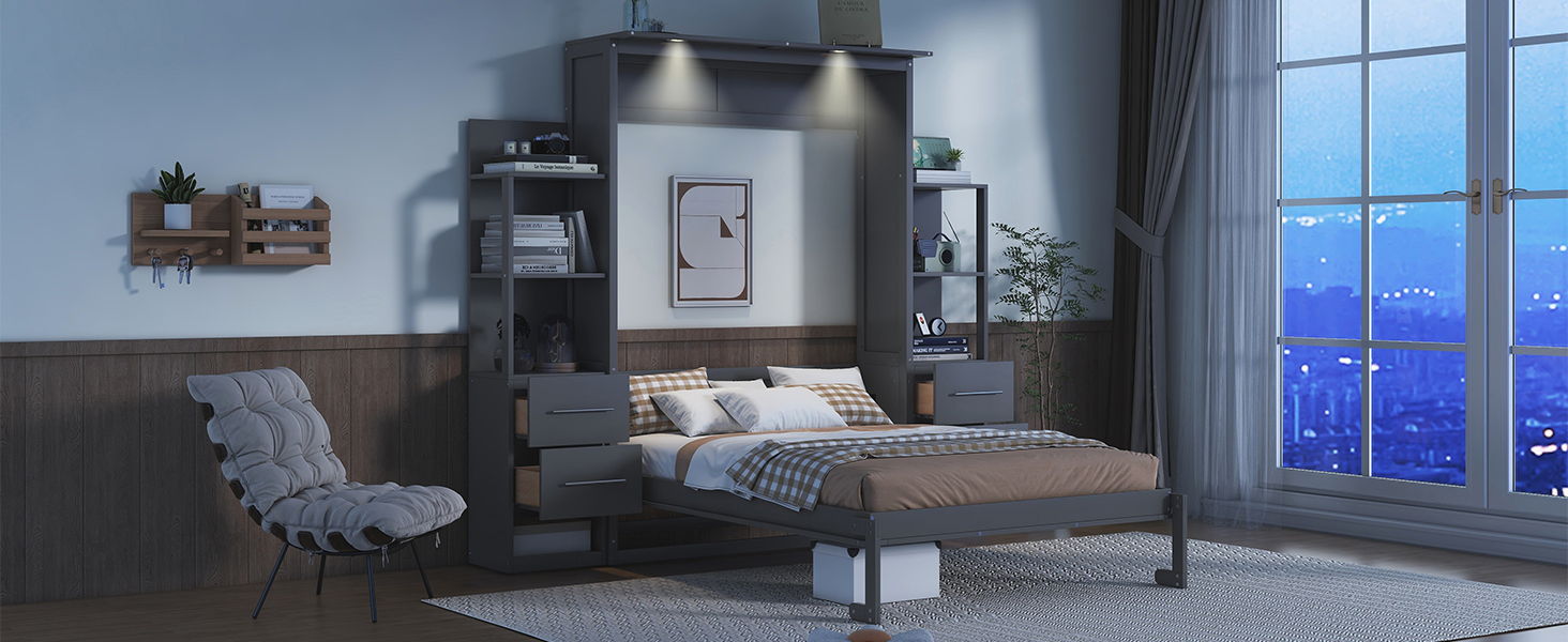 Murphy Wall Bed With LED Lights, Shelves And Drawers - The Sleep Loft - Online Mattress Showroom NYC