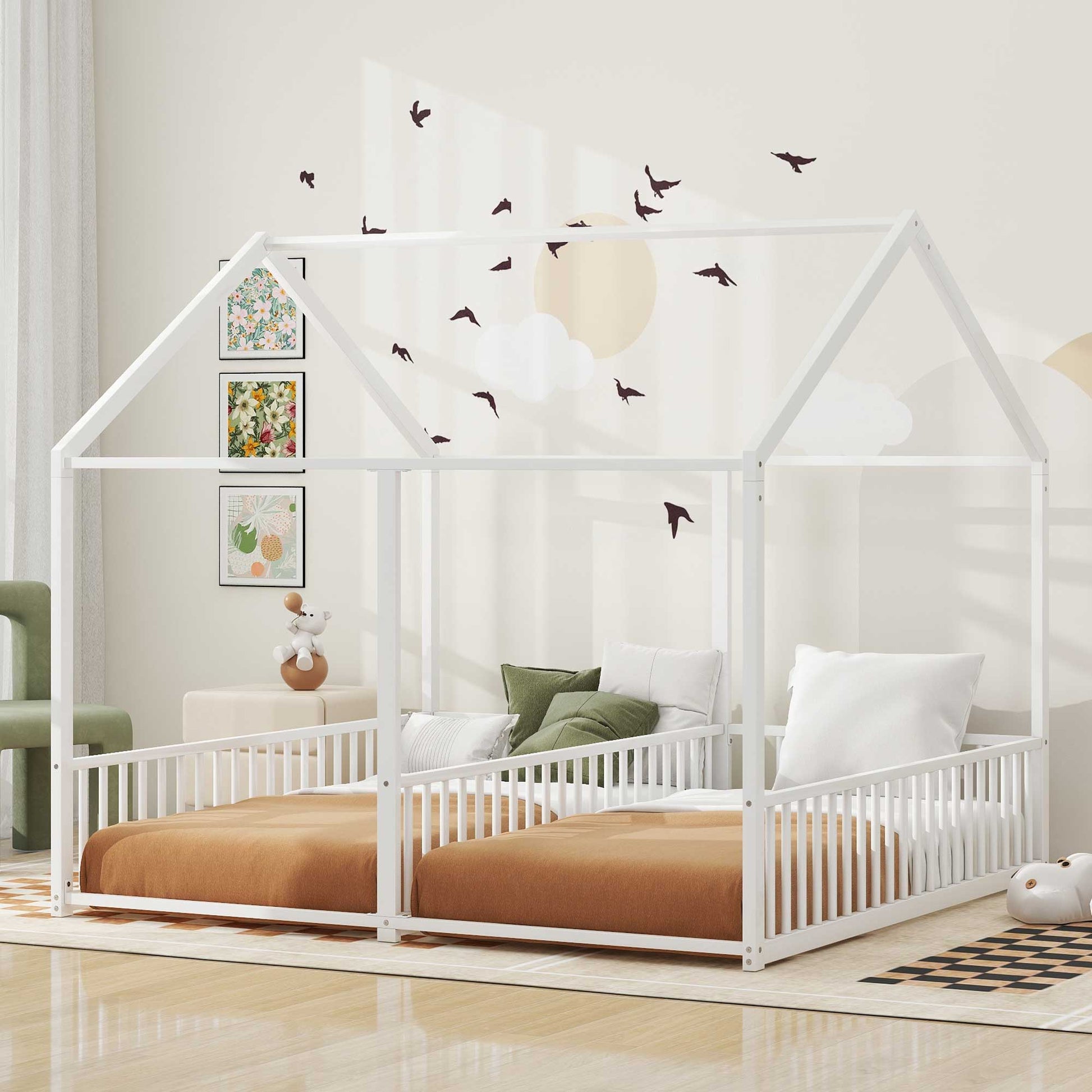 Metal Twin Size House Platform Beds 2 Shared Beds - Antique White - The Sleep Loft - Online Mattress Showroom NYC