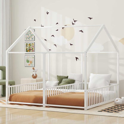 Metal Twin Size House Platform Beds 2 Shared Beds - Antique White - The Sleep Loft - Online Mattress Showroom NYC