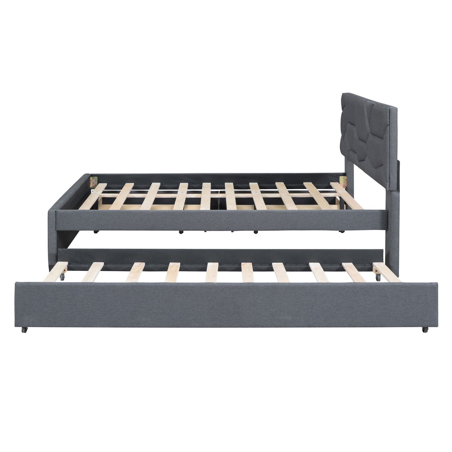 Upholstered Platform Bed With Brick Pattern Headboard And Twin Long Size Trundle - The Sleep Loft - Online Mattress Showroom NYC