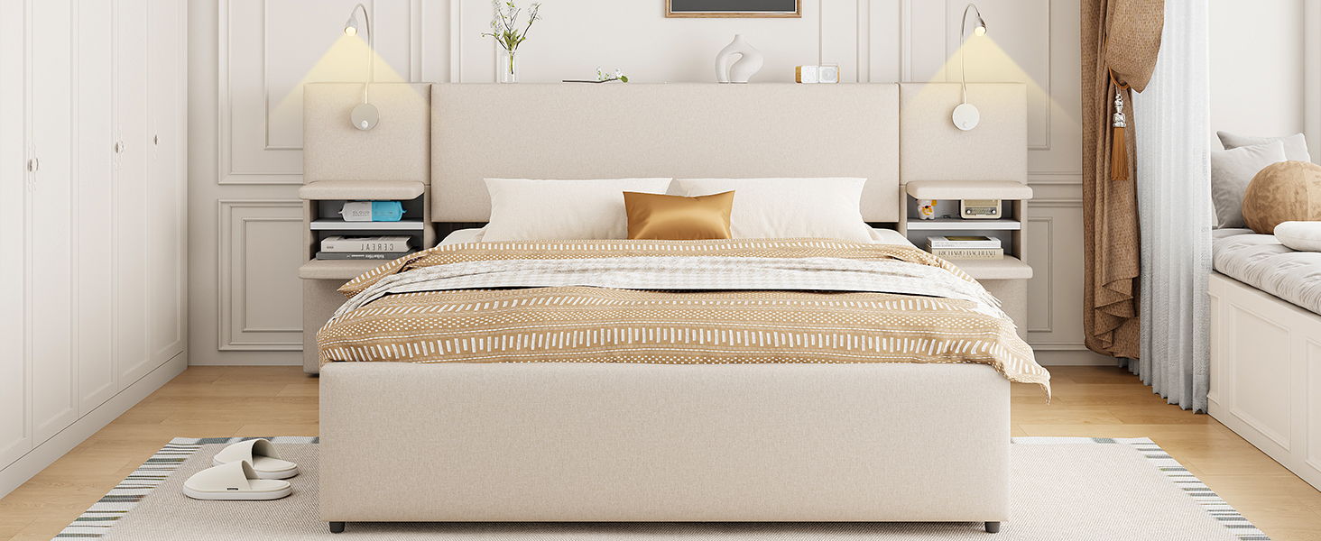 Upholstered Platform Bed With Reading Lights, Drawers, Trundle And Shelves - The Sleep Loft - Online Mattress Showroom NYC
