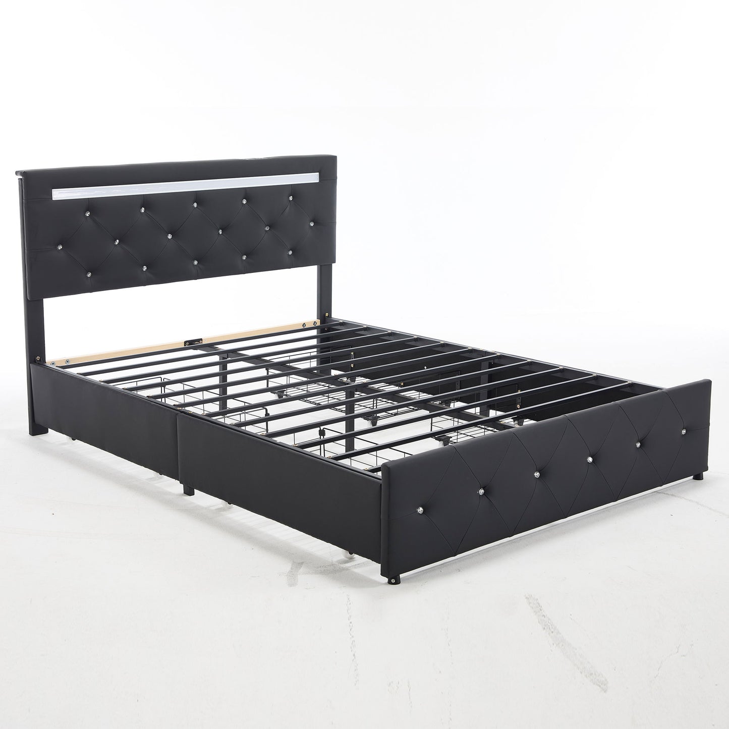 Upholstered Bed Frame With LED Lights, 4 Storage Drawers, Charging Station - The Sleep Loft - Online Mattress Showroom NYC