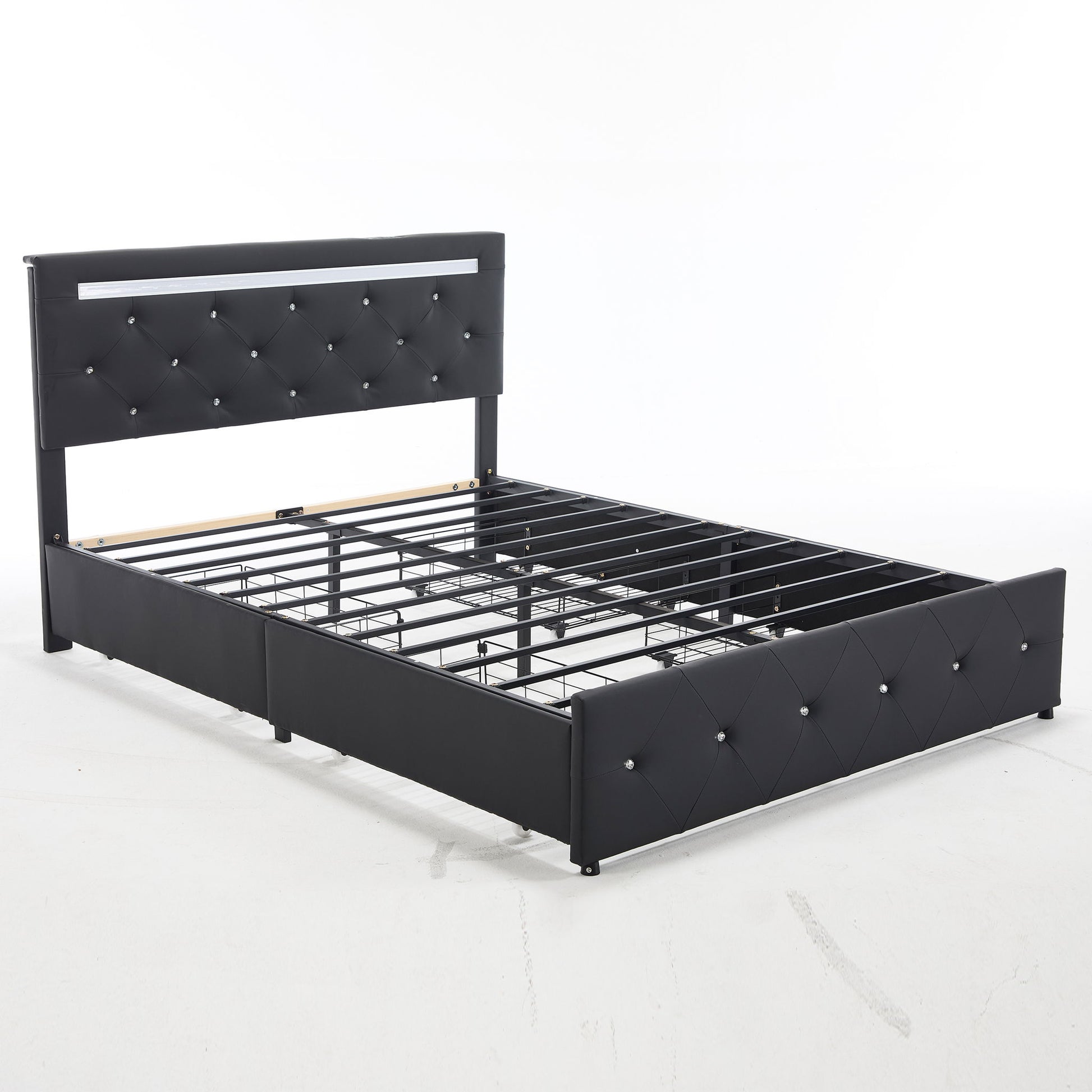 Upholstered Bed Frame With LED Lights, 4 Storage Drawers, Charging Station - The Sleep Loft - Online Mattress Showroom NYC
