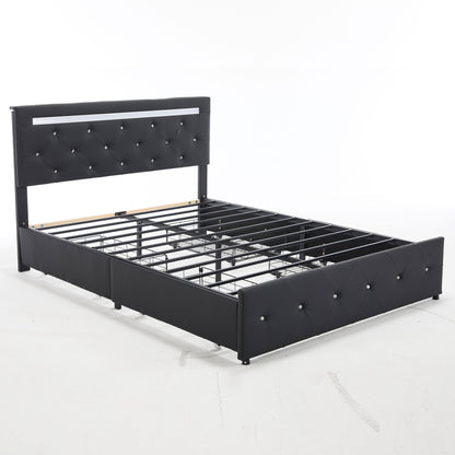 Upholstered Bed Frame With LED Lights, 4 Storage Drawers, Charging Station - The Sleep Loft - Online Mattress Showroom NYC