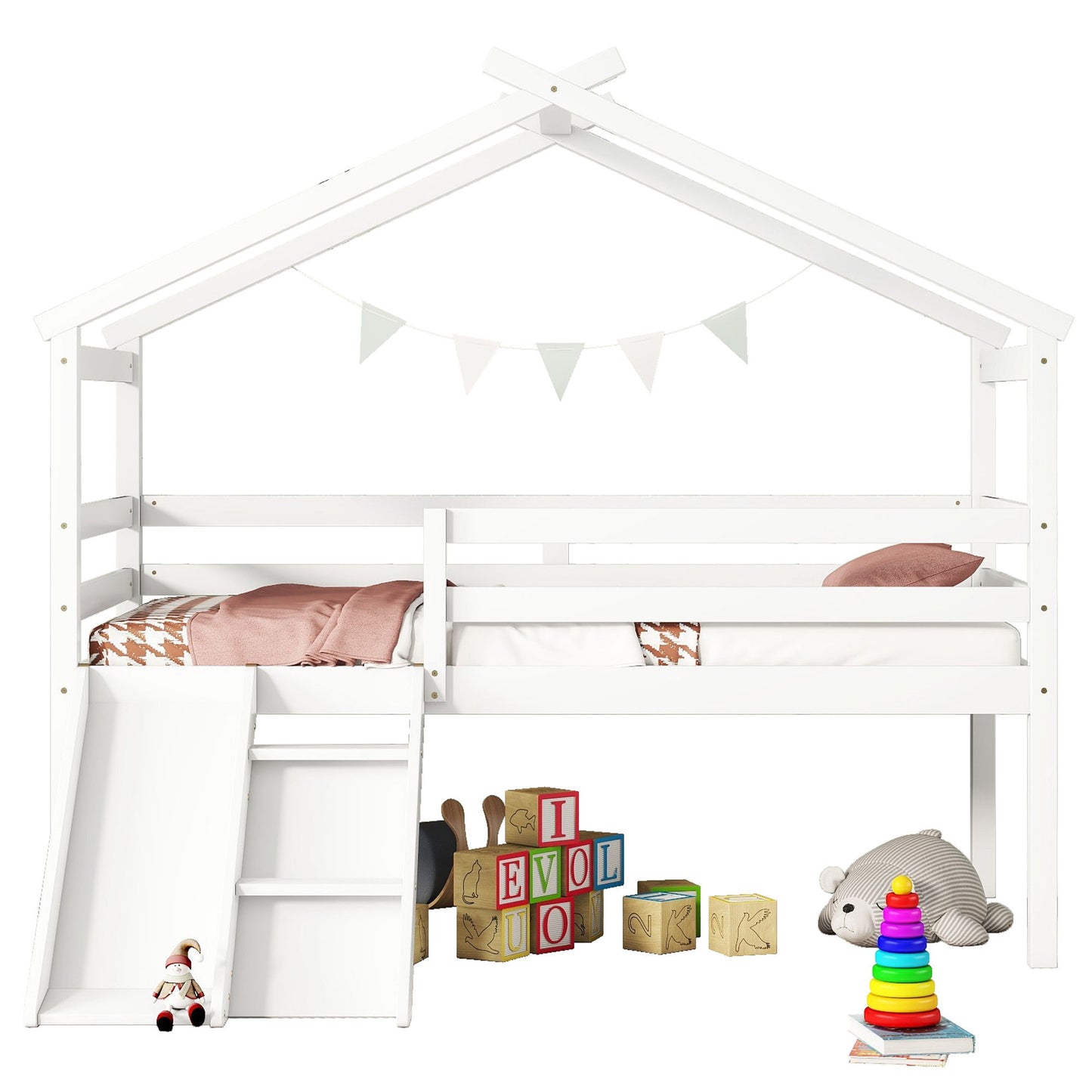 Low Loft House Bed With Slide, Ladder, Safety Guardrails, House Roof Frame - The Sleep Loft - Online Mattress Showroom NYC