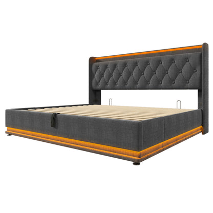 Upholstered Bed, 360 Surround LED Function, Remote Control, Hydraulic Storage Bed With USB, Type-C Charging (Without Mattress) - The Sleep Loft - Online Mattress Showroom NYC