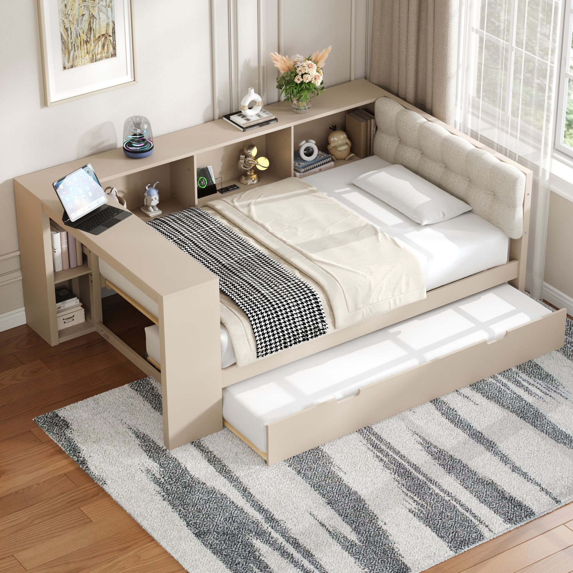 Upholstered Headboard Platform Bed With Storage Shelves, Trundle, Charging Station - The Sleep Loft - Online Mattress Showroom NYC
