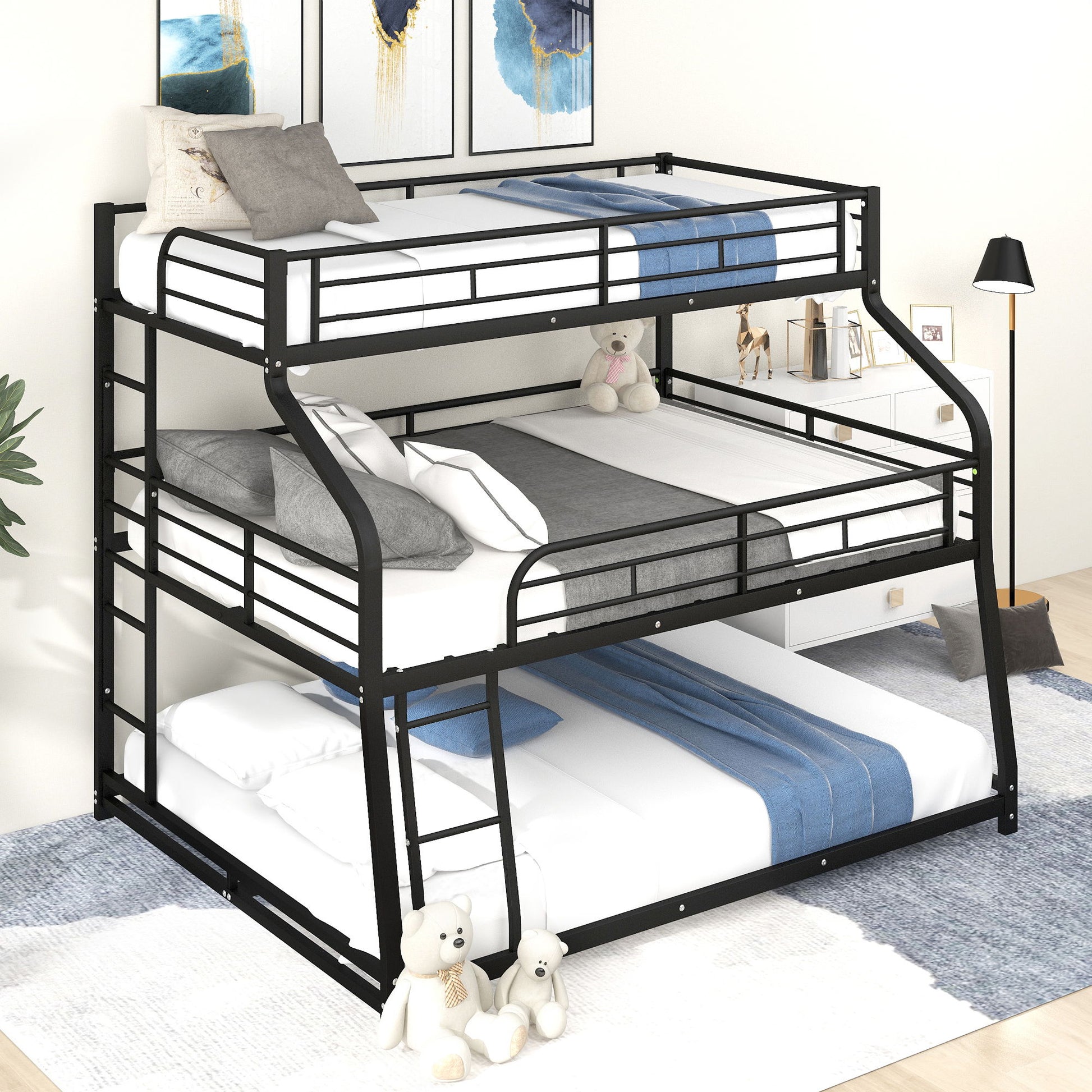 Twin Long / Full Long / Queen Triple Bunk Bed With Long And Short Ladder And Full-Length Guardrails - Black - The Sleep Loft - Online Mattress Showroom NYC