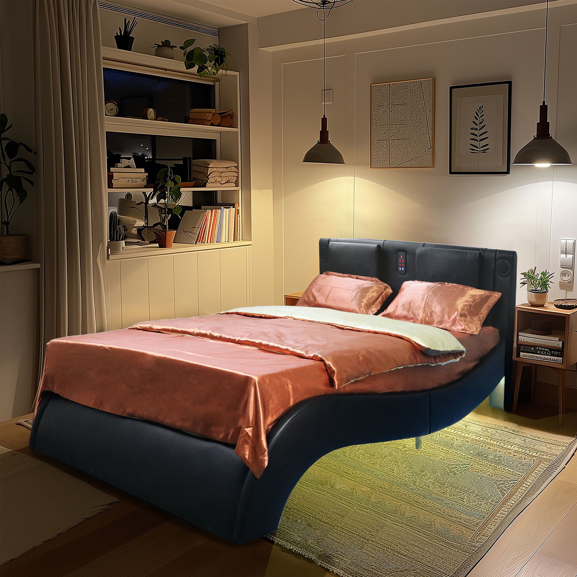 Upholstered Platform Bed Frame With LED Lighting, Bluetooth Connection To Play Music Control, Backrest Vibration Massage, Curve Design, Wood Slat Support, Exhibited Speakers - The Sleep Loft - Online Mattress Showroom NYC