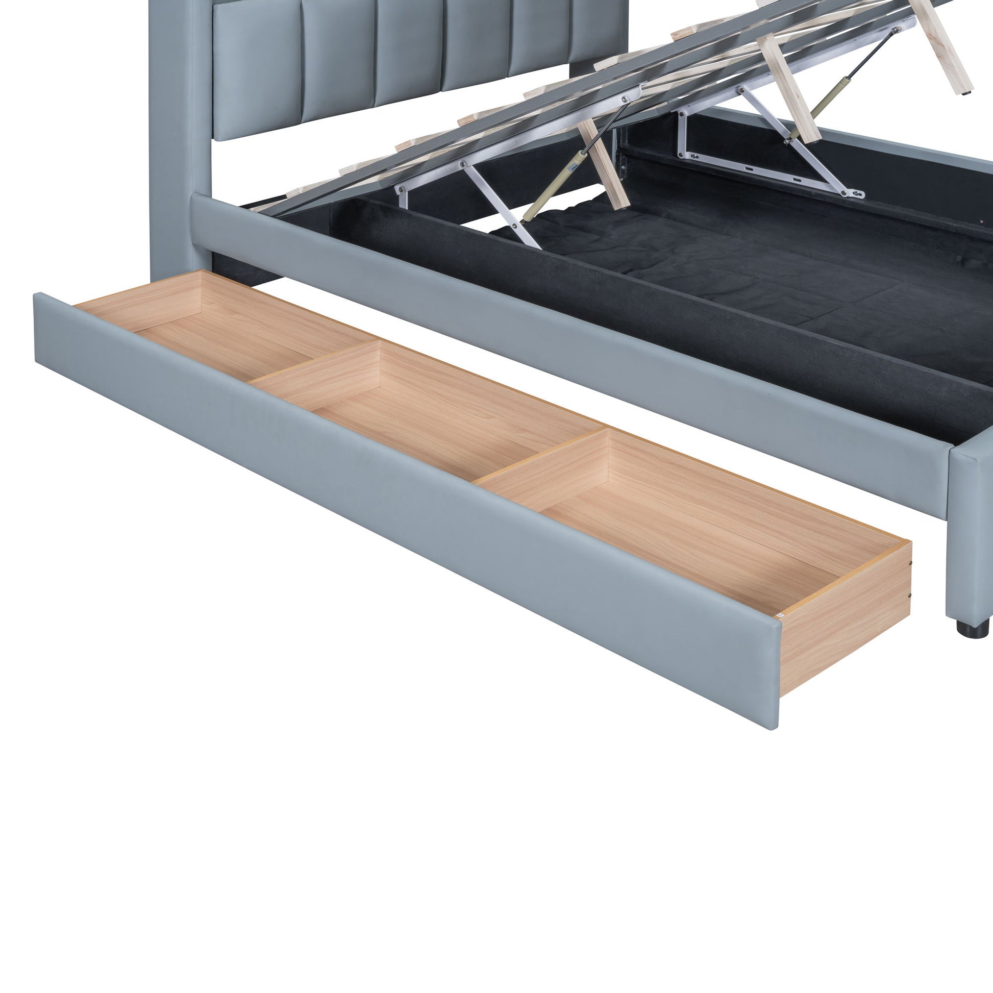 Upholstered Mother & Child Bed With Hydraulic Storage System, Drawer Box, Bedhead Storage Shelf And 2 Pairs Of Sockets & USB Ports - The Sleep Loft - Online Mattress Showroom NYC