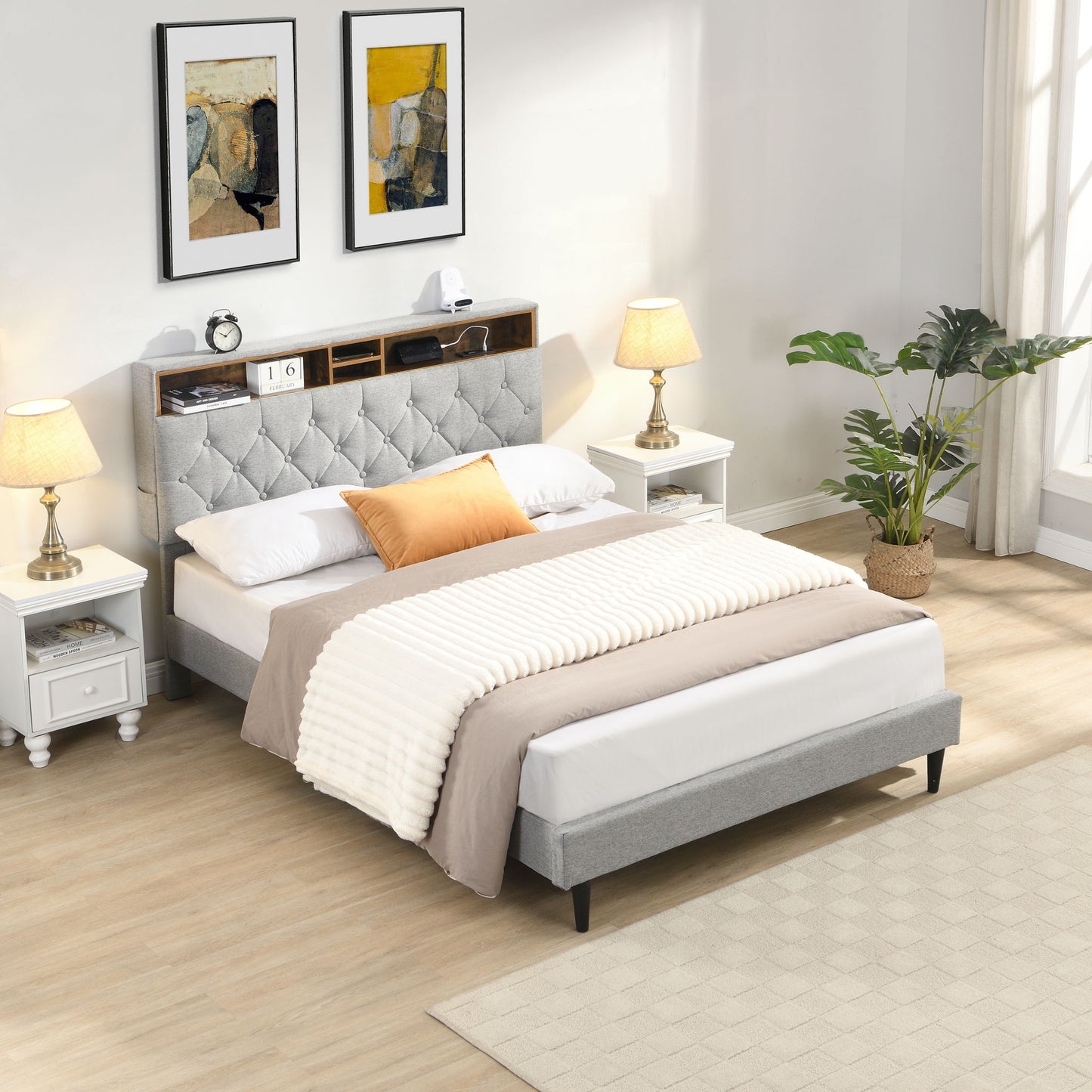 Modern Upholstered Platform Bed Frame With Button Tufted Headboard And USB Ports - The Sleep Loft - Online Mattress Showroom NYC